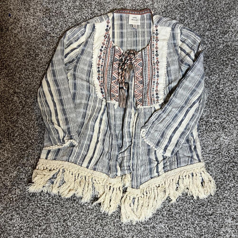 Knox Rose Boho Fringe Cardigan Jacket Sz M Embroidered Striped Tassel Cottage
